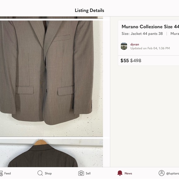 Murano Collezione Size 44R Jacket size 38 Pants Brown Worsted Wool Suit NEW - Picture 5 of 7
